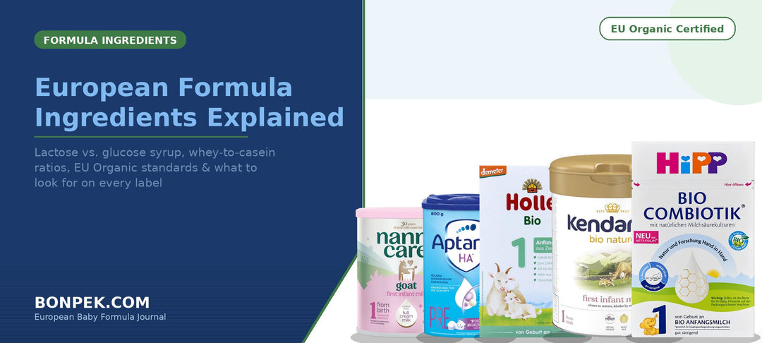 European baby formula ingredients explained — HiPP, Holle, Kendamil, Aptamil, and NannyCare tins and boxes side by side
