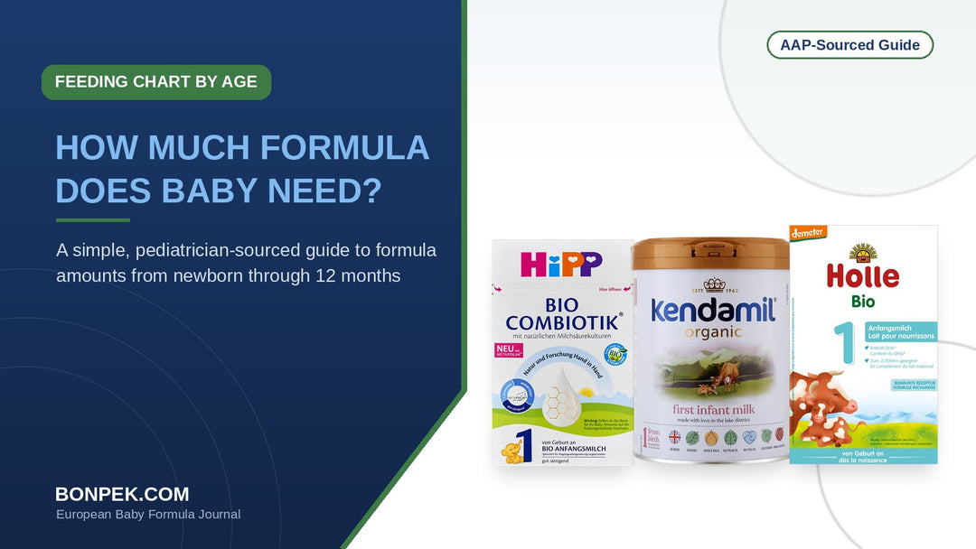 Baby formula feeding chart by age with HiPP, Holle, and Kendamil formula boxes