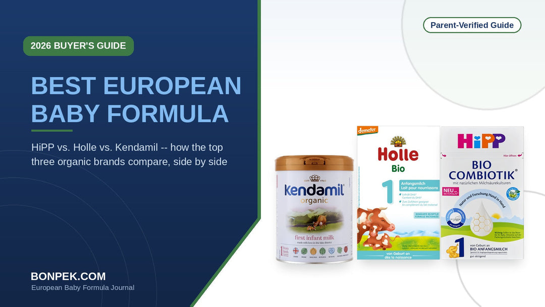 Best European baby formula 2026 — HiPP, Holle, and Kendamil boxes and tins compared side by side