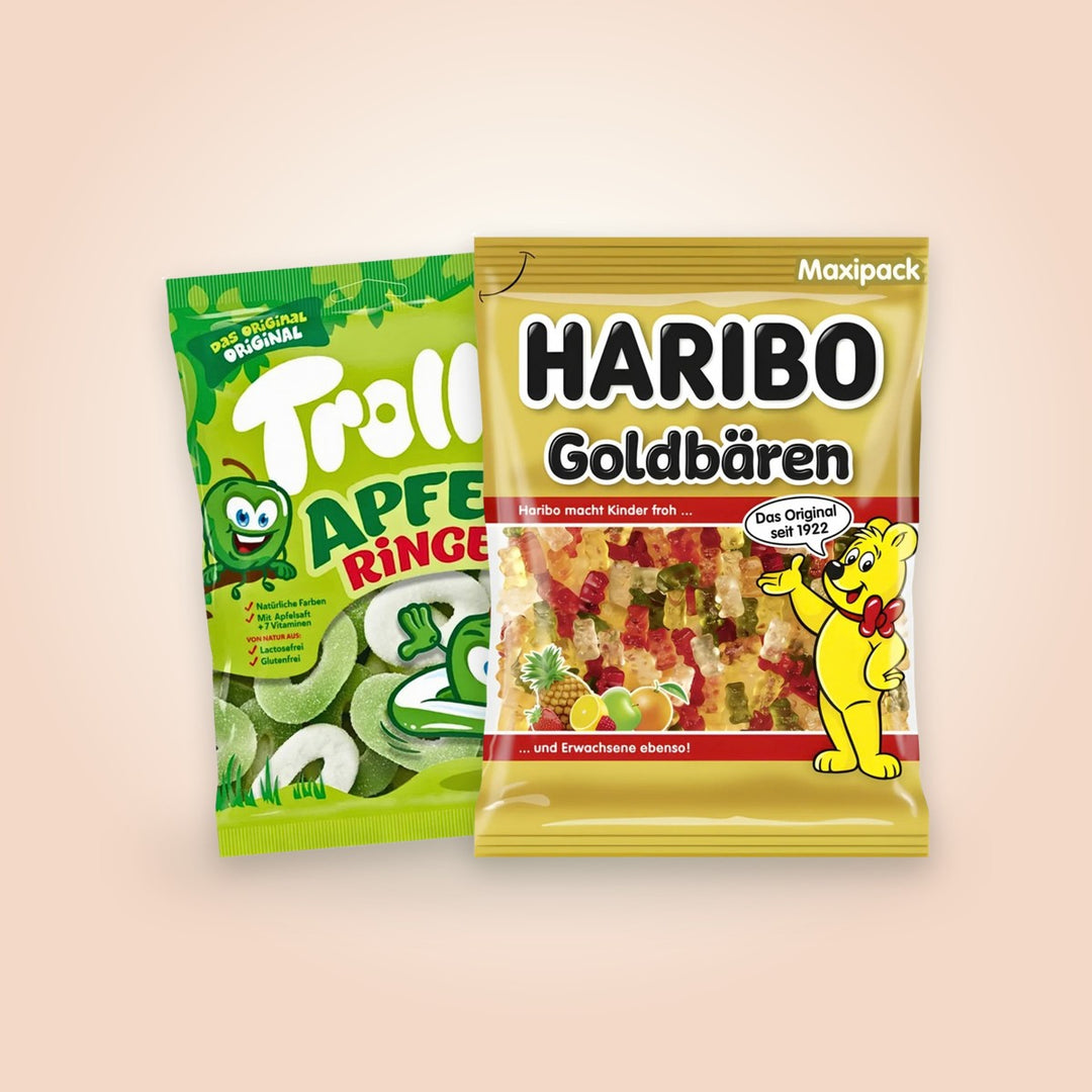 European sweets: Haribo Goldbaren gummy bears and Trolli apple rings