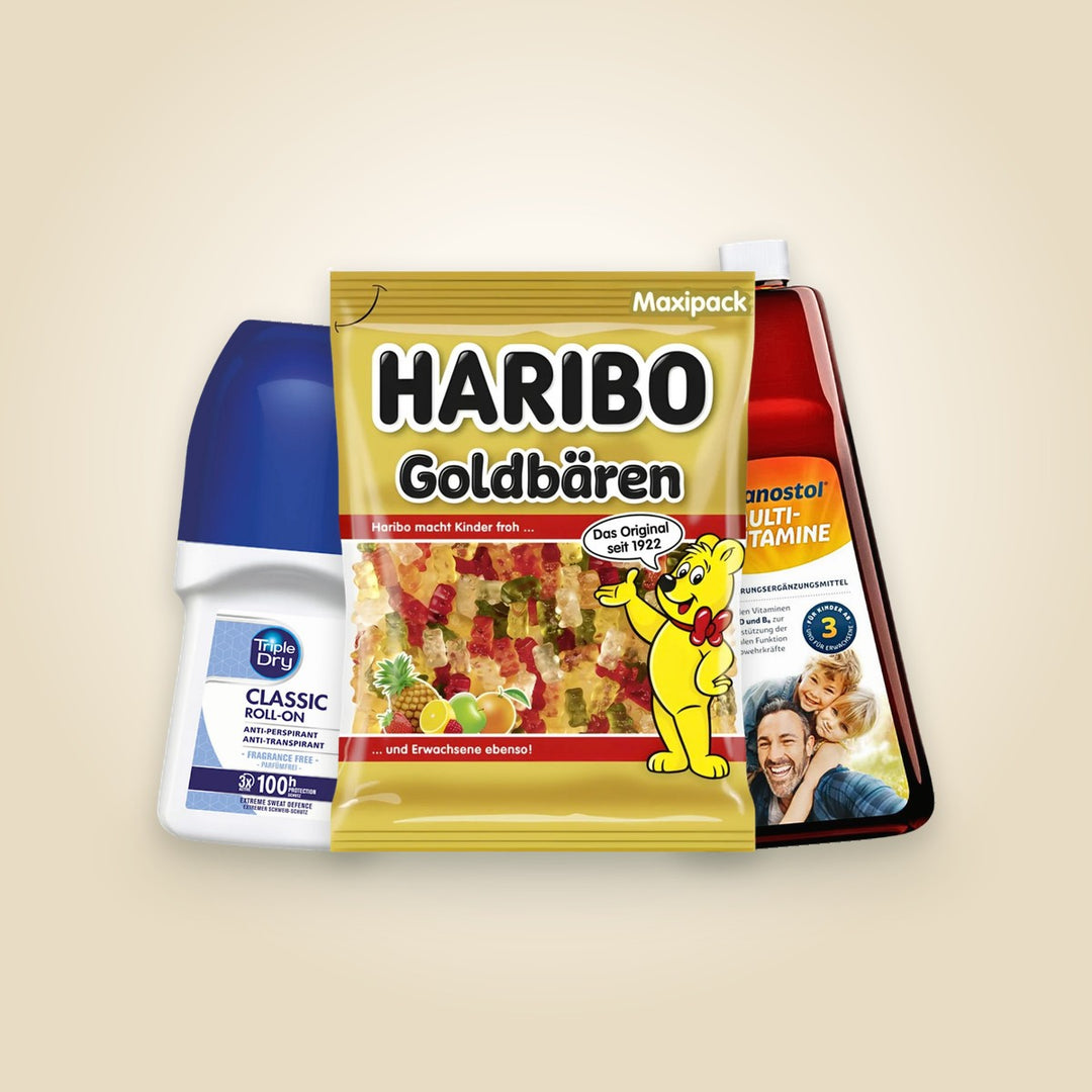 European groceries and family essentials: Haribo, Triple Dry and Sanostol