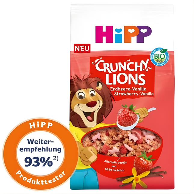 HiPP Crunchy Lions Vanilla & Strawberry cereal box 300g front organic toddler snack