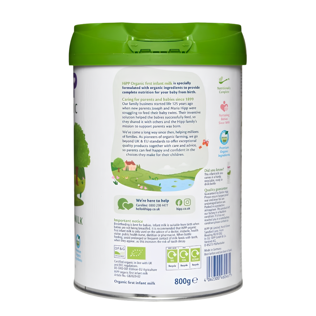 Back of the HiPP UK Stage 1 can showing the organic farming information and the 800 g pack weight