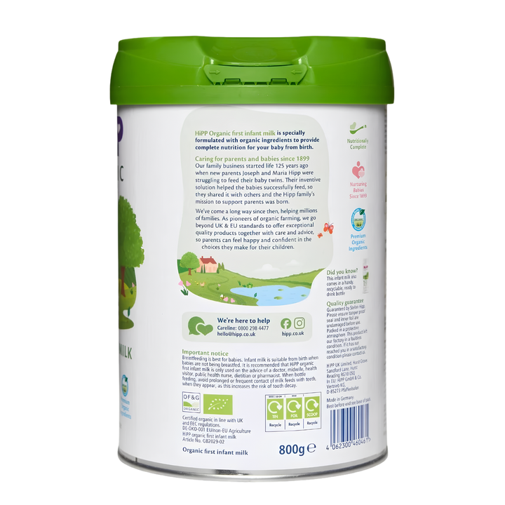 Back of the HiPP UK Stage 1 can showing the organic farming information and the 800 g pack weight
