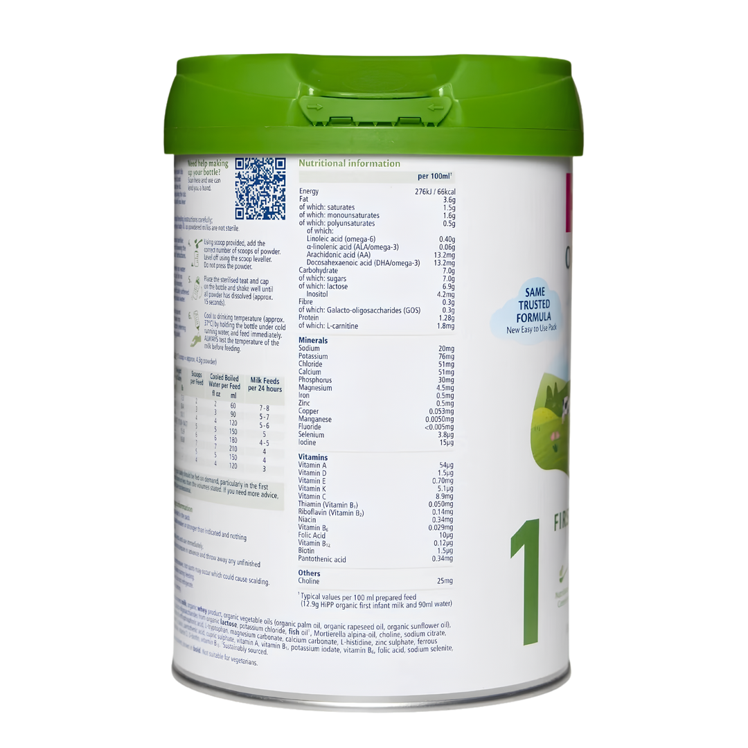 Side of the HiPP UK Stage 1 can showing the nutritional information table per 100 ml