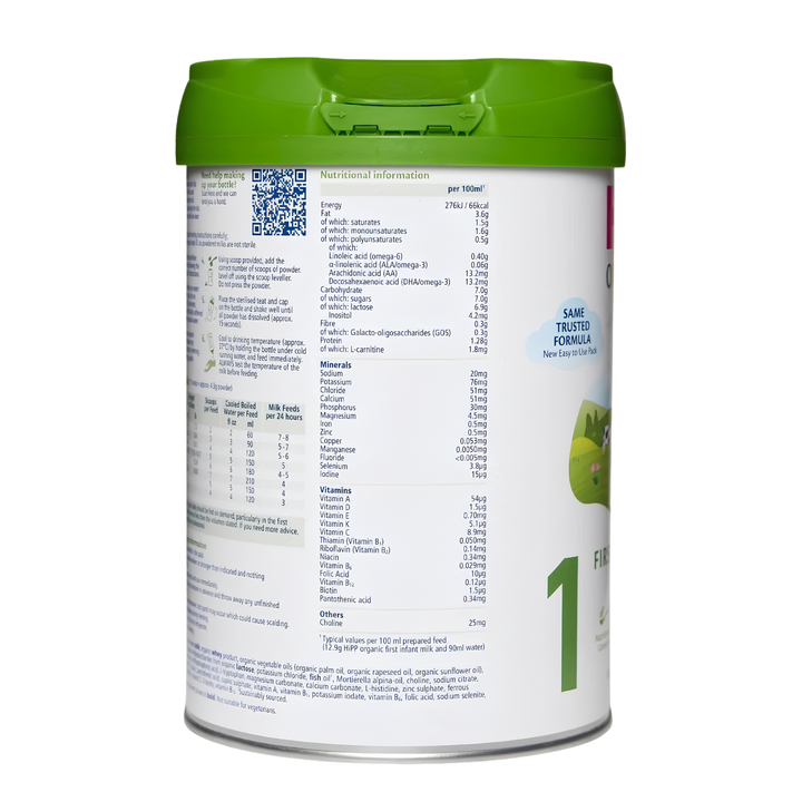 Side of the HiPP UK Stage 1 can showing the nutritional information table per 100 ml