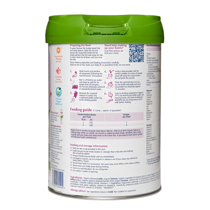 Side of the HiPP UK Stage 2 can showing the step-by-step preparation instructions and feeding guide
