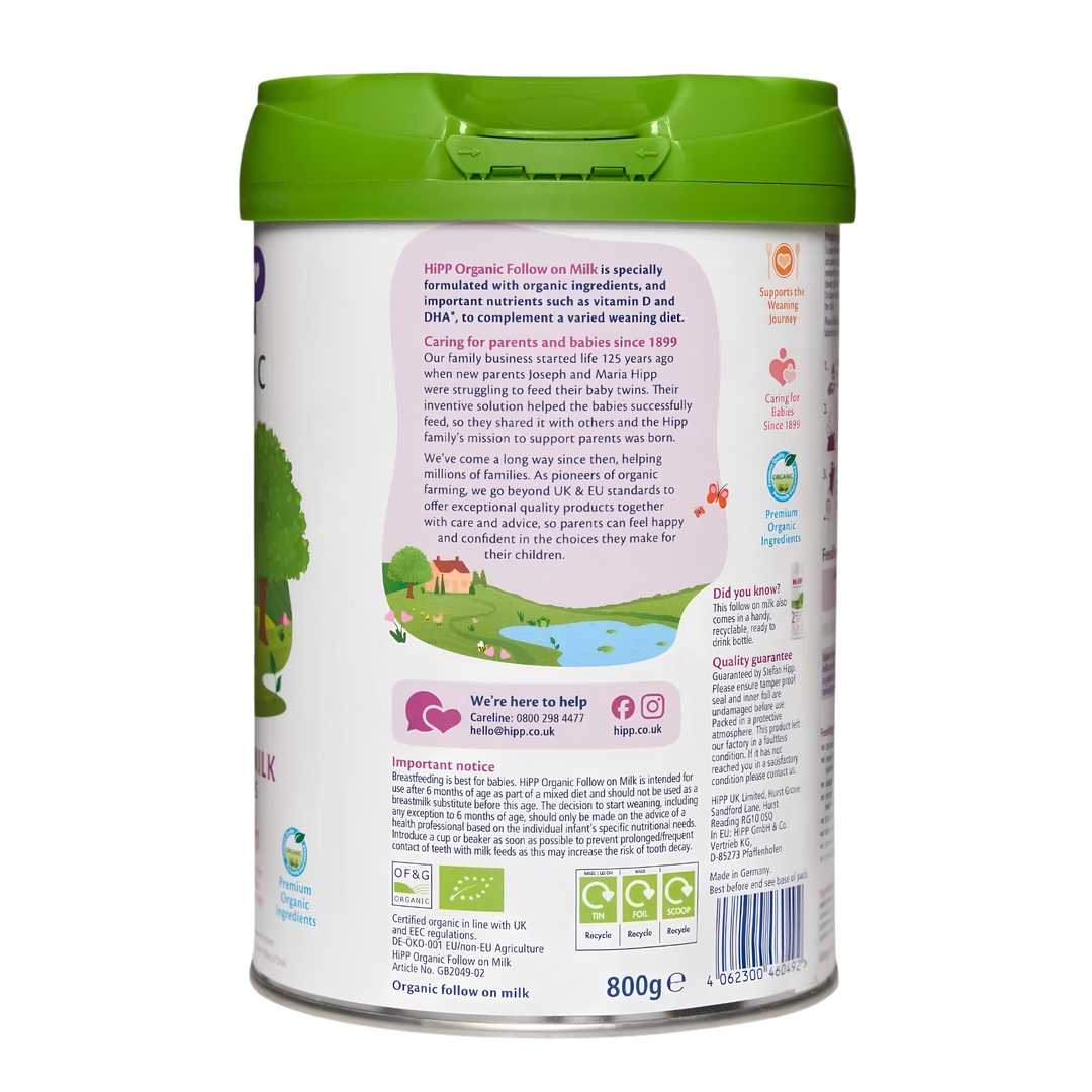 Back of the HiPP UK Stage 2 can showing the organic farming information and the 800 g pack weight