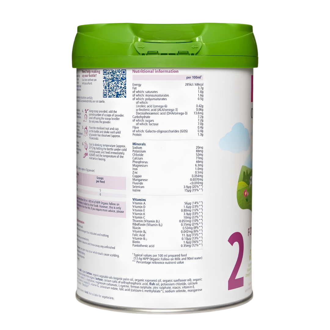 Side of the HiPP UK Stage 2 can showing the nutritional information table per 100 ml