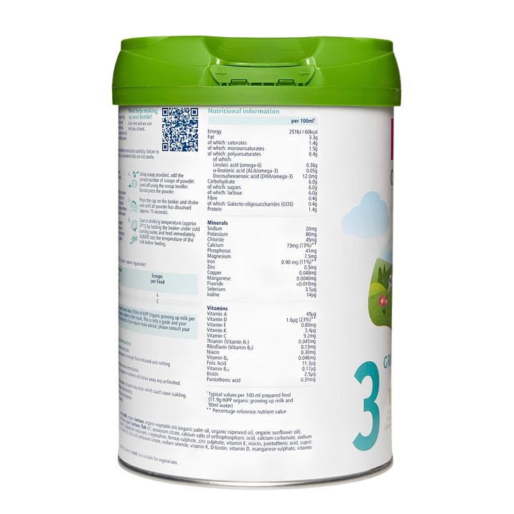 Side of the HiPP UK Stage 3 can showing the nutrition table and ingredient list