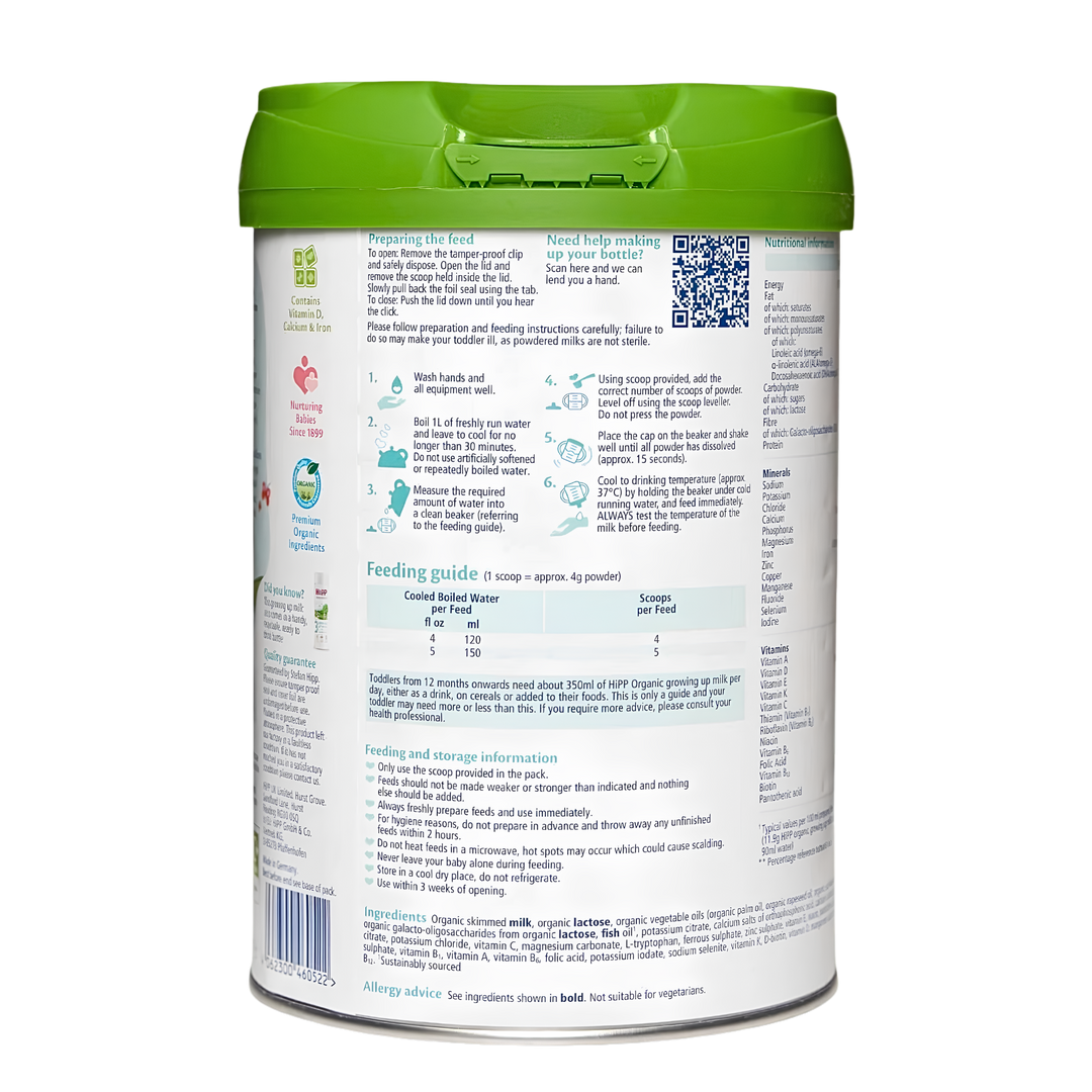Side of the HiPP UK Stage 3 can showing the step-by-step preparation instructions and feeding guide