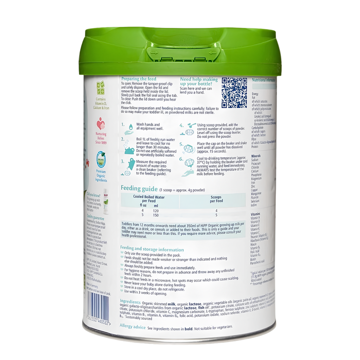 Side of the HiPP UK Stage 3 can showing the step-by-step preparation instructions and feeding guide