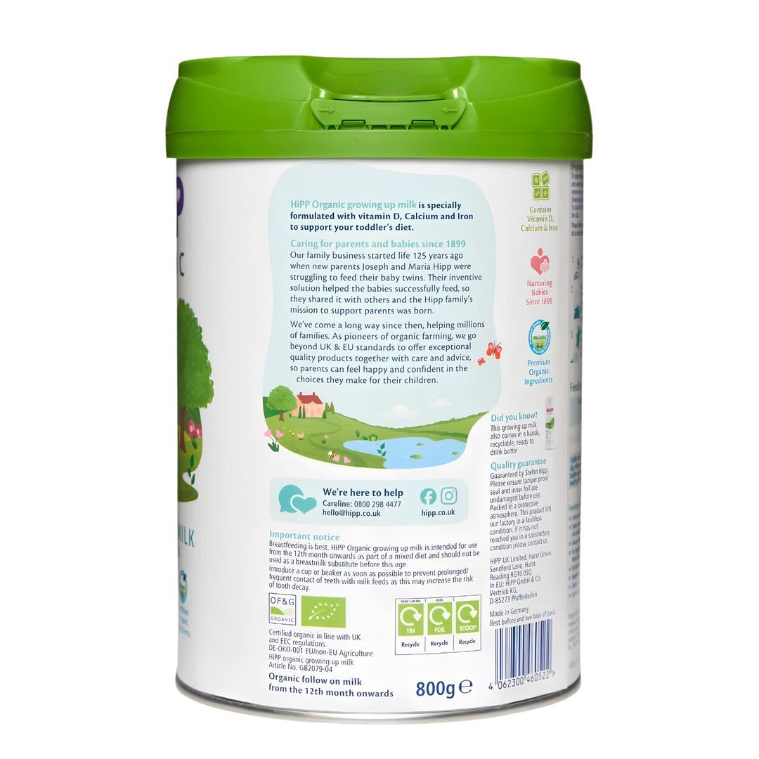 Back of the HiPP UK Stage 3 can showing the organic farming information and the 800 g pack weight