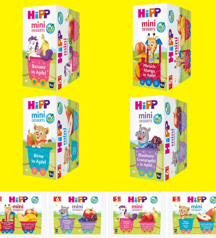 HiPP Fruit Mini-Desert -16 Sealed Cups - Blueberry Pomegranate Peach Banana Pear Apple