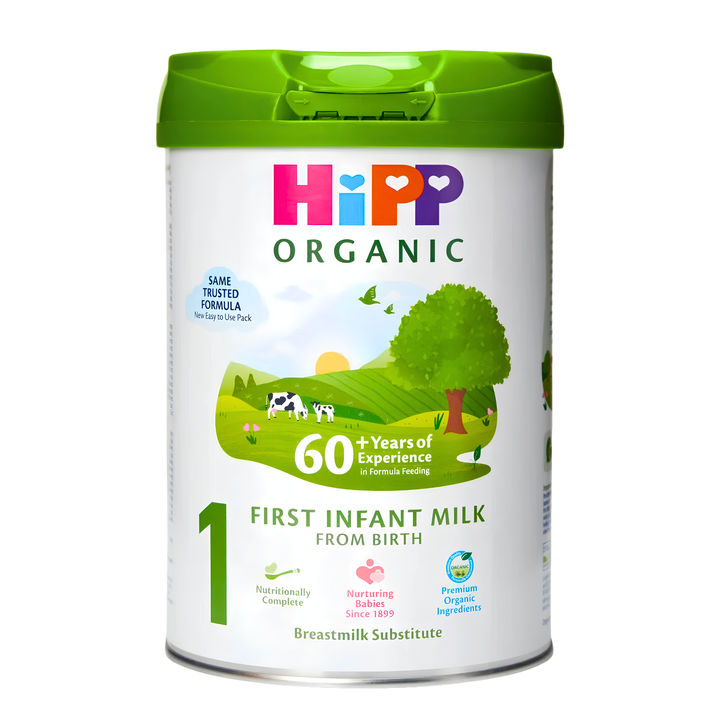 HiPP UK Stage 1 Organic Combiotic First Infant Milk 800 g can, front of pack, suitable from birth