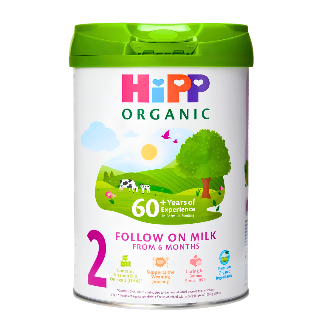 HiPP UK Stage 2 Organic Combiotic milk 800 g can, front of pack, for babies 6 months and over
