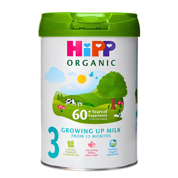 HiPP UK Stage 3 Organic Growing Up Milk 800 g can, front of pack, for toddlers 12 months and over