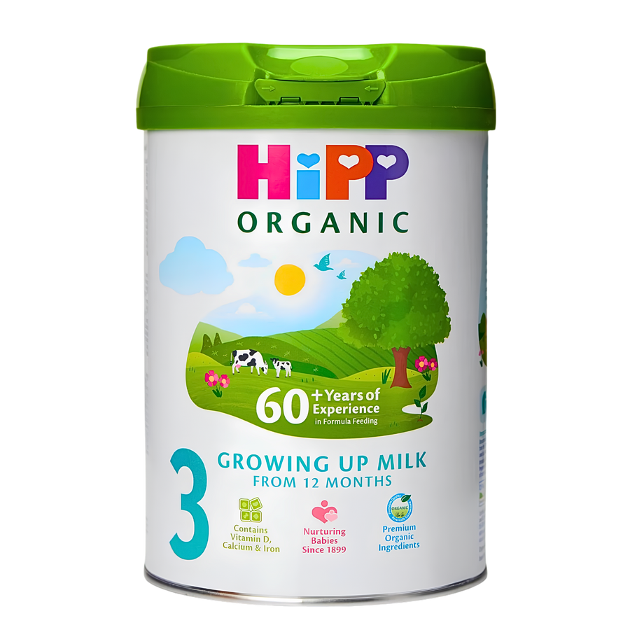 HiPP UK Stage 3 Organic Growing Up Milk 800 g can, front of pack, for toddlers 12 months and over