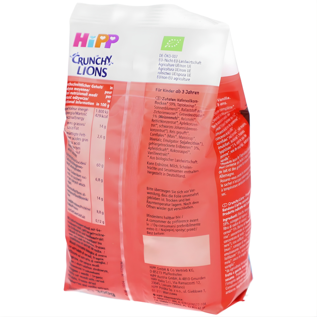 HiPP Crunchy Lions nutrition label showing organic ingredients and EU organic sea