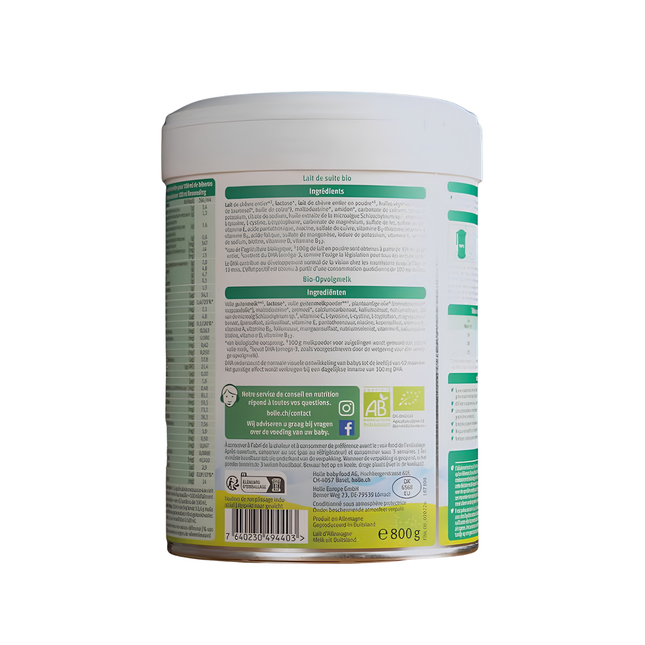 Close-up of Holle Goat Stage 4 Dutch formula ingredients list EU organic certified