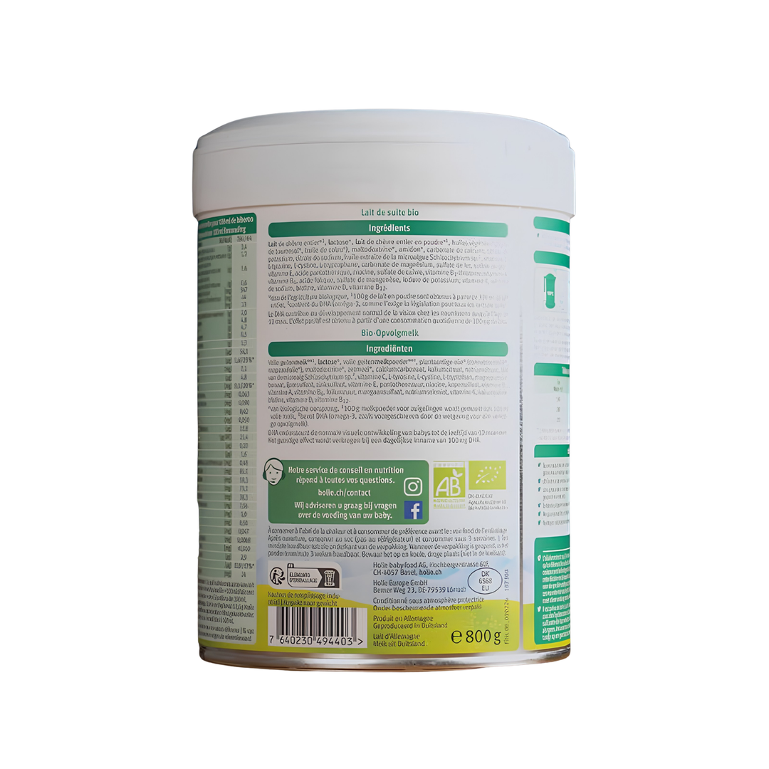 Close-up of Holle Goat Stage 4 Dutch formula ingredients list EU organic certified