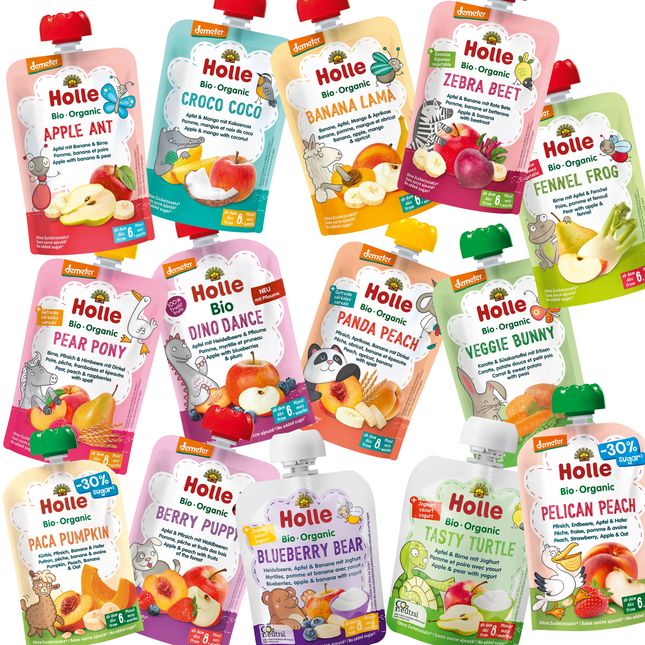 Bestselling Variety Bundle  of 10 Holle Organic Puree Pouches – (Choose Age:  6+M, 8+M, 1+Y)