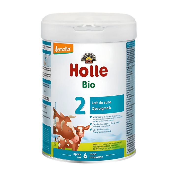 “Holle Cow Stage 2 Dutch organic formula 800 g tin front view.”