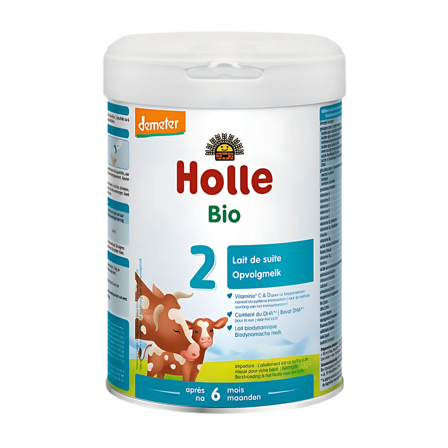 “Holle Cow Stage 2 Dutch organic formula 800 g tin front view.”