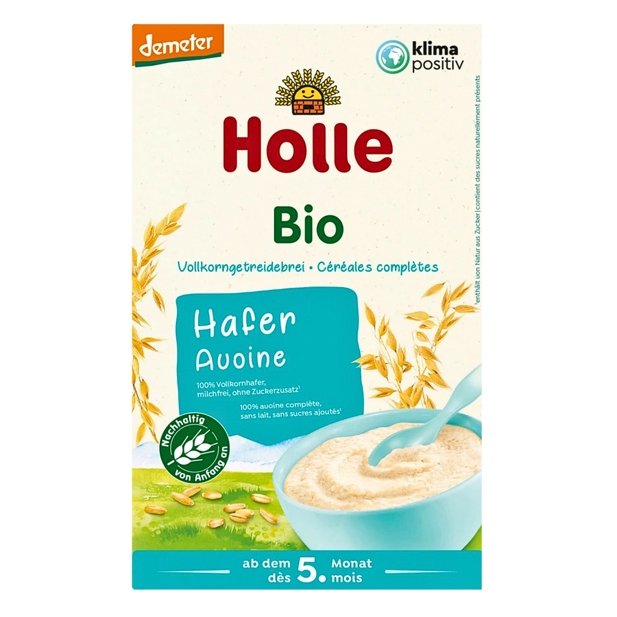 Holle Organic Oats Baby Porridge box front — Demeter 100% wholegrain oat cereal, milk-free, no added sugar, from the 5th month