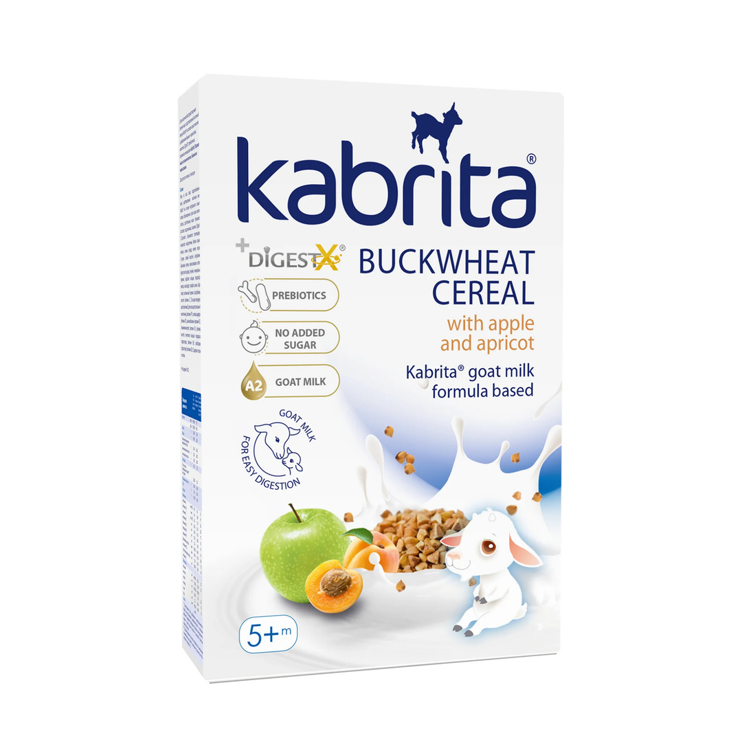 Kabrita Buckwheat Cereal with Apple Apricot box front, goat milk baby cereal