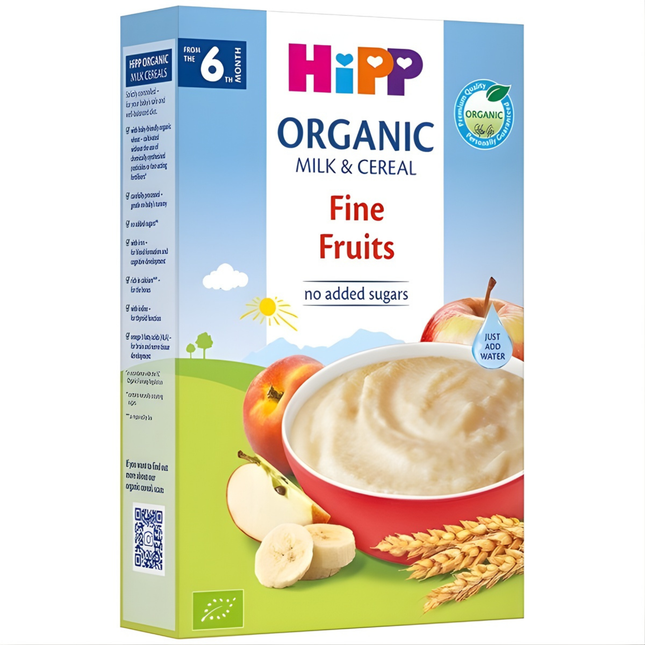 HiPP Organic Fine Fruits Milk and Cereal Porridge 250g box – no added sugar organic baby food for 6 months+