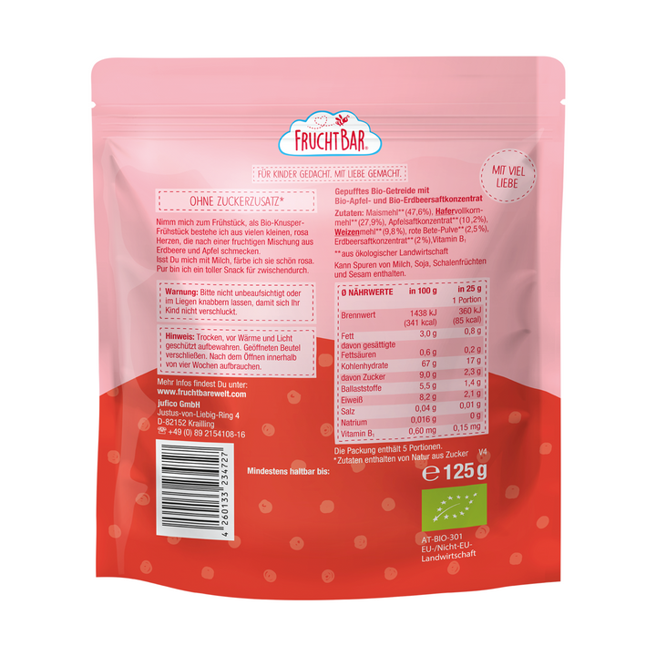 FruchtBar Organic Toddler Breakfast Hearts 'Love You' - Oat, Strawberry, Apple & Beetroot`